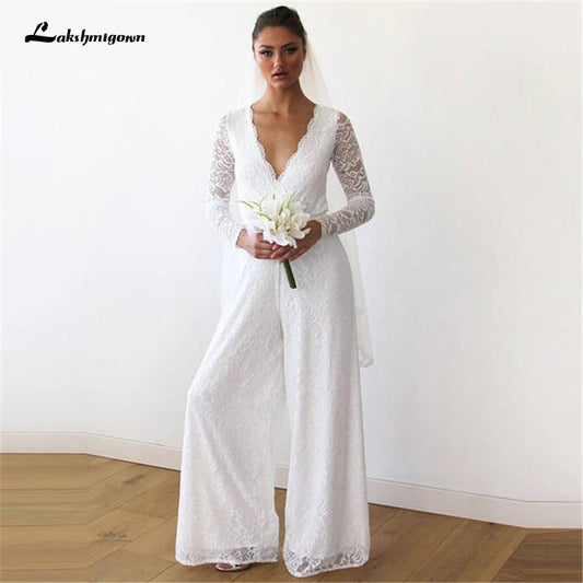 White Lace Women Jumpsuits Wedding Dresses Long Sleeve - ROYCEBRIDAL OFFICIAL STORE