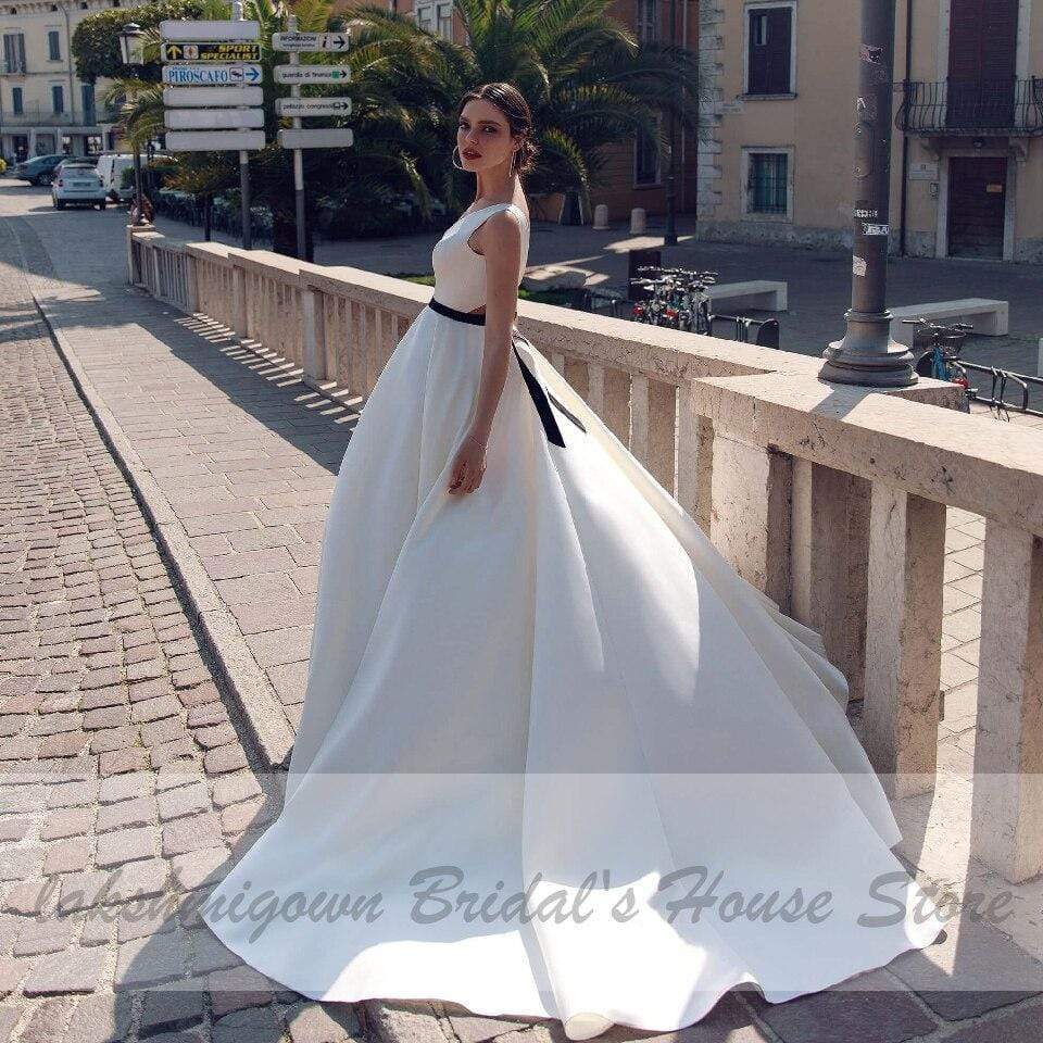 White Luxury Wedding Gowns Deep V-neck Elegant Women Satin - ROYCEBRIDAL OFFICIAL STORE