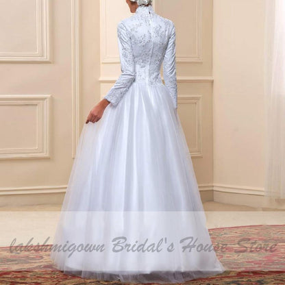 White Muslim High Neck Wedding Dress Satin Long Sleeve - ROYCEBRIDAL OFFICIAL STORE