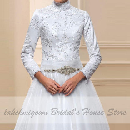 White Muslim High Neck Wedding Dress Satin Long Sleeve - ROYCEBRIDAL OFFICIAL STORE