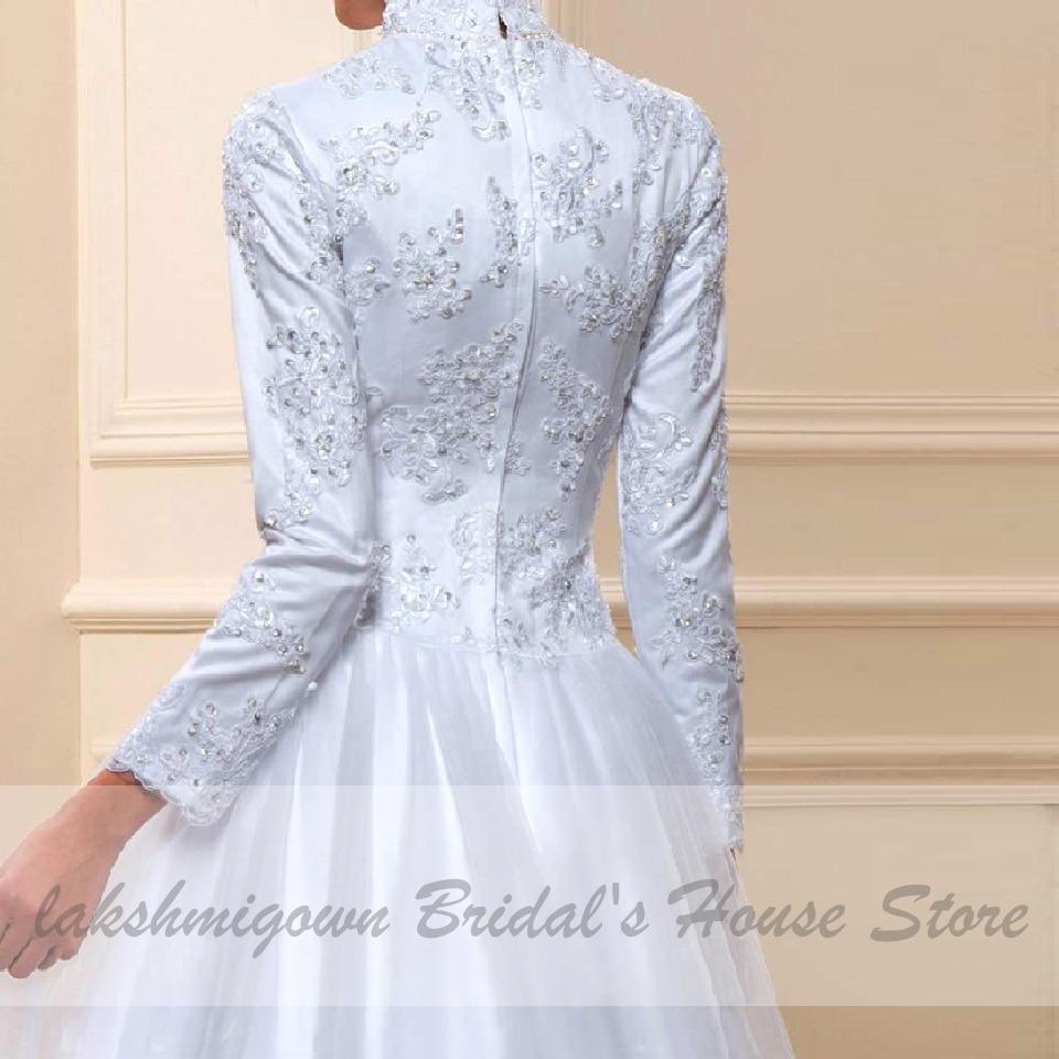 White Muslim High Neck Wedding Dress Satin Long Sleeve - ROYCEBRIDAL OFFICIAL STORE