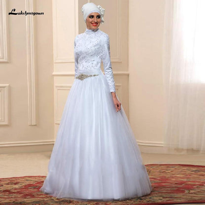 White Muslim High Neck Wedding Dress Satin Long Sleeve - ROYCEBRIDAL OFFICIAL STORE