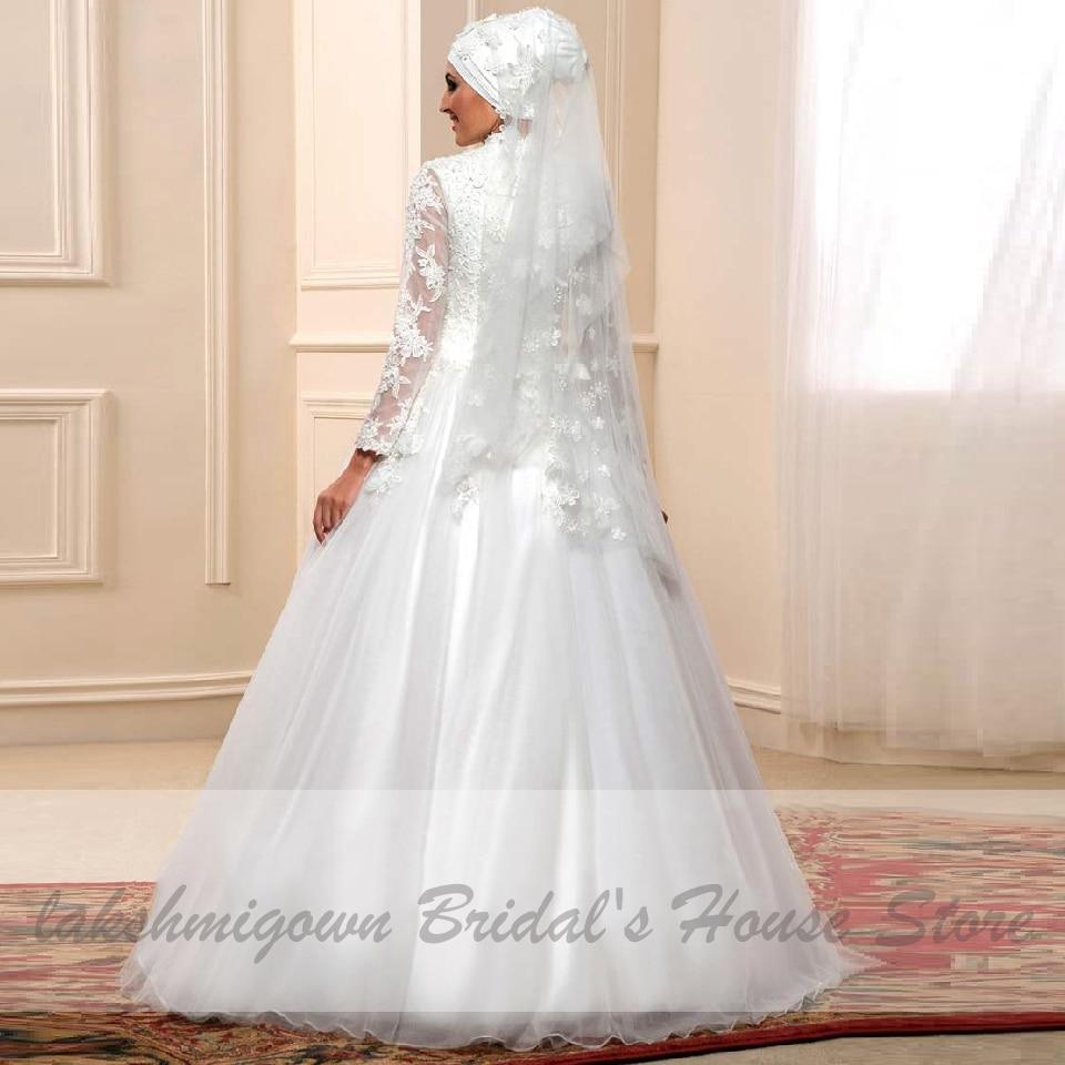 White Muslim Wedding Dress with Long Sleeves - ROYCEBRIDAL OFFICIAL STORE