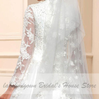 White Muslim Wedding Dress with Long Sleeves - ROYCEBRIDAL OFFICIAL STORE