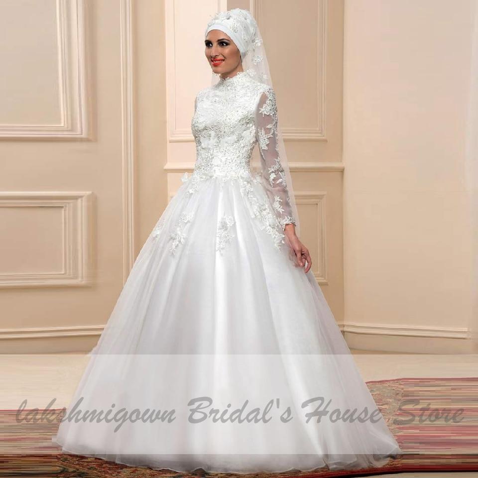 White Muslim Wedding Dress with Long Sleeves - ROYCEBRIDAL OFFICIAL STORE