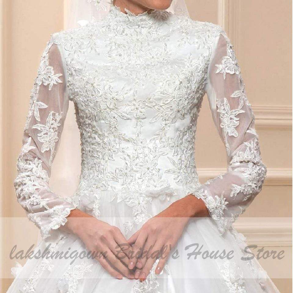 White Muslim Wedding Dress with Long Sleeves - ROYCEBRIDAL OFFICIAL STORE