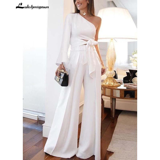 White Satin Jumpsuits Wedding Dresses Long Sleeves - ROYCEBRIDAL OFFICIAL STORE