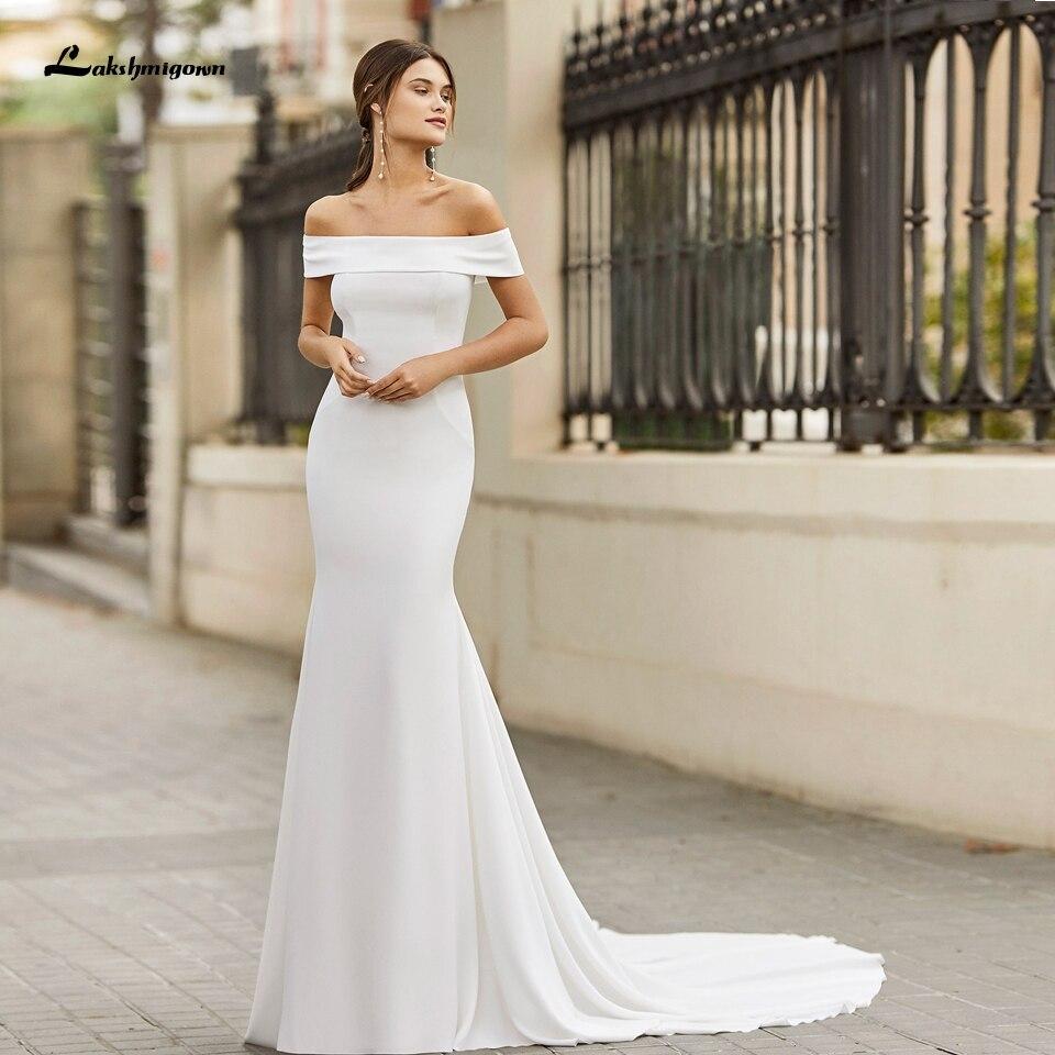 White Satin Mermaid Wedding Dress Off the Shoulder - ROYCEBRIDAL OFFICIAL STORE