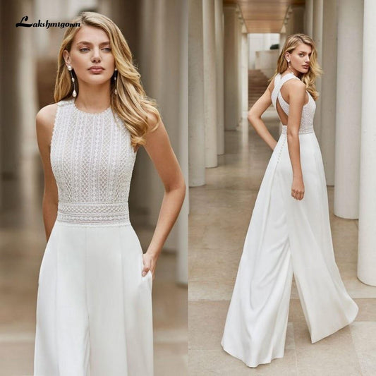 White Wedding Jumpsuit Beach Wedding Dresses O Neck Floor Length Boho Wedding Gowns Outfit Customize lace Robe De Soiree - ROYCEBRIDAL OFFICIAL STORE