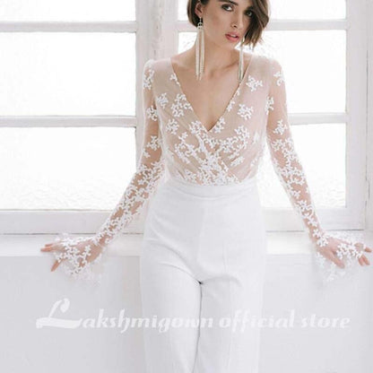 White Wedding Jumpsuit Beach Wedding Dresses V Neck Long Sleeve - ROYCEBRIDAL OFFICIAL STORE