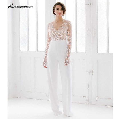 White Wedding Jumpsuit Beach Wedding Dresses V Neck Long Sleeve - ROYCEBRIDAL OFFICIAL STORE