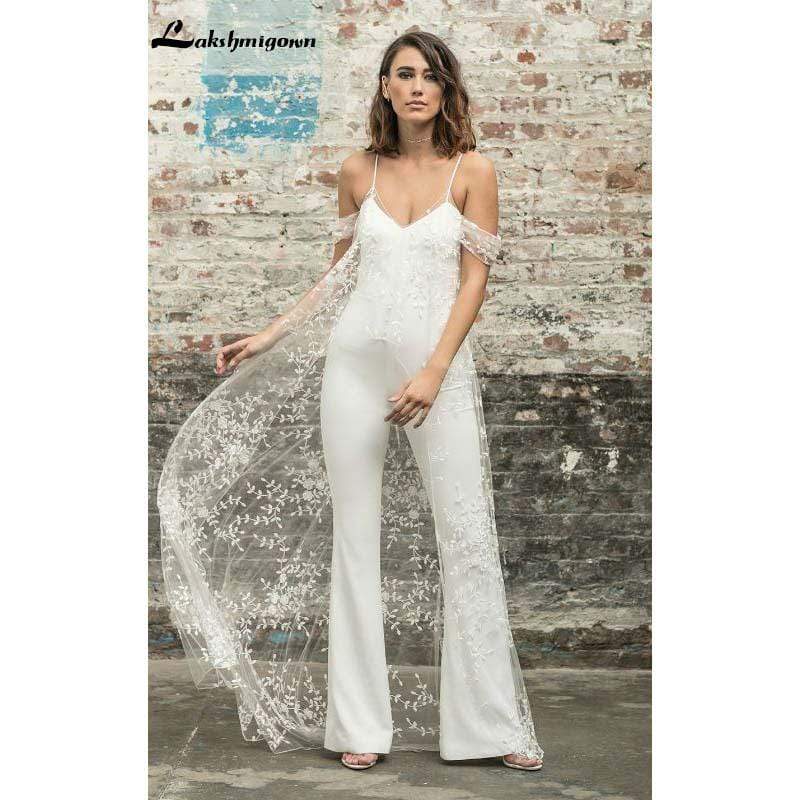 White Wedding Jumpsuit Beach Wedding Dresses With Cape - ROYCEBRIDAL OFFICIAL STORE