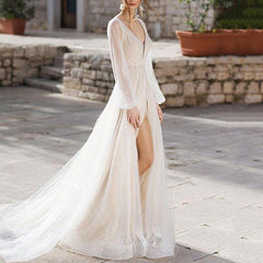 Sexy Boat Neck Backless A-Line Vintage Wedding Dress Luxury Sweep Trai -  Elsi John