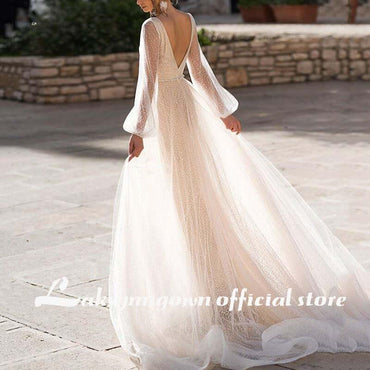 Women's Sexy Deep V-Neck Bishop Sleeve Bare Back Wedding Dress - ROYCEBRIDAL OFFICIAL STORE