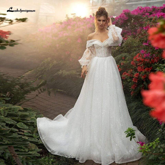 Women Vintage Lace Wedding Gowns with Detachable Puff Sleeves - ROYCEBRIDAL OFFICIAL STORE